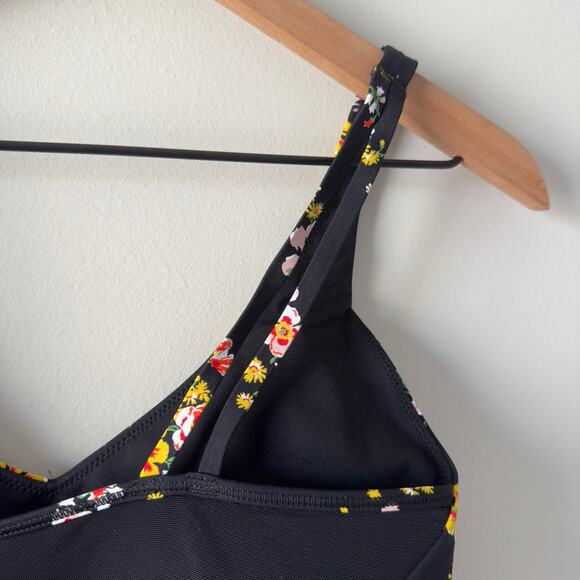 Aerie Offline Goals Plunge Sports Bra True Black Floral Mesh Back Strappy Active - Picture 6 of 15